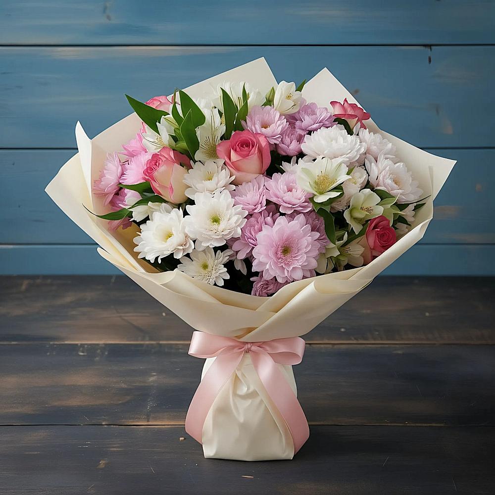 Букет цветов из: Хризантемы, Альстромерии и Розы в Веселёво